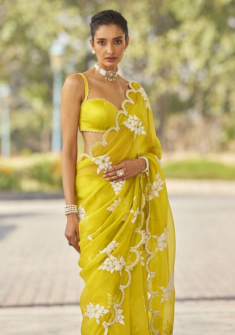 Yellow Sequin Work Jimmy Choo Saree Set - Indya