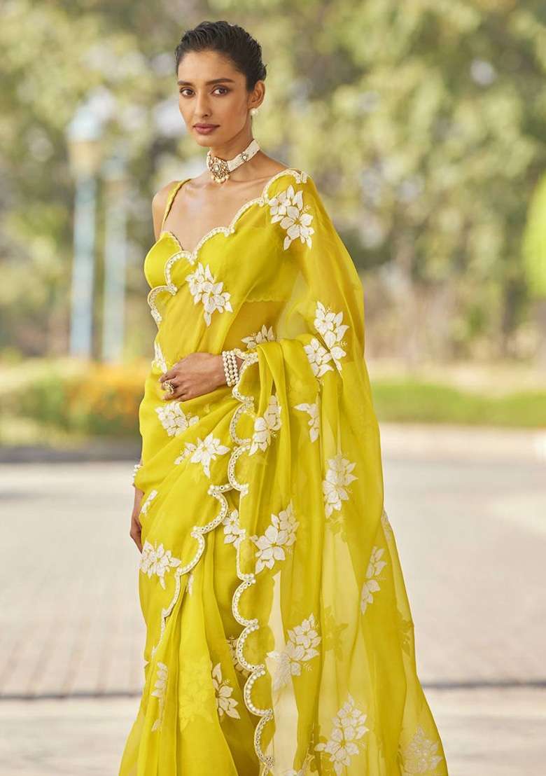 Yellow Sequin Work Jimmy Choo Saree Set - Indya