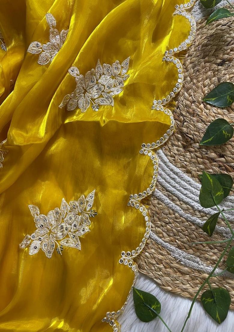 Yellow Sequin Work Jimmy Choo Saree Set - Indya