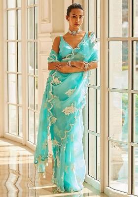Sky Blue Sequin Work Jimmy Choo Saree Set