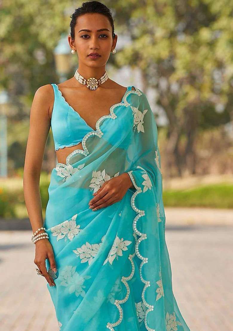Sky Blue Work Jimmy Choo Saree Set with Sequin for Diwali | Wedding & Festive Wear - Indya