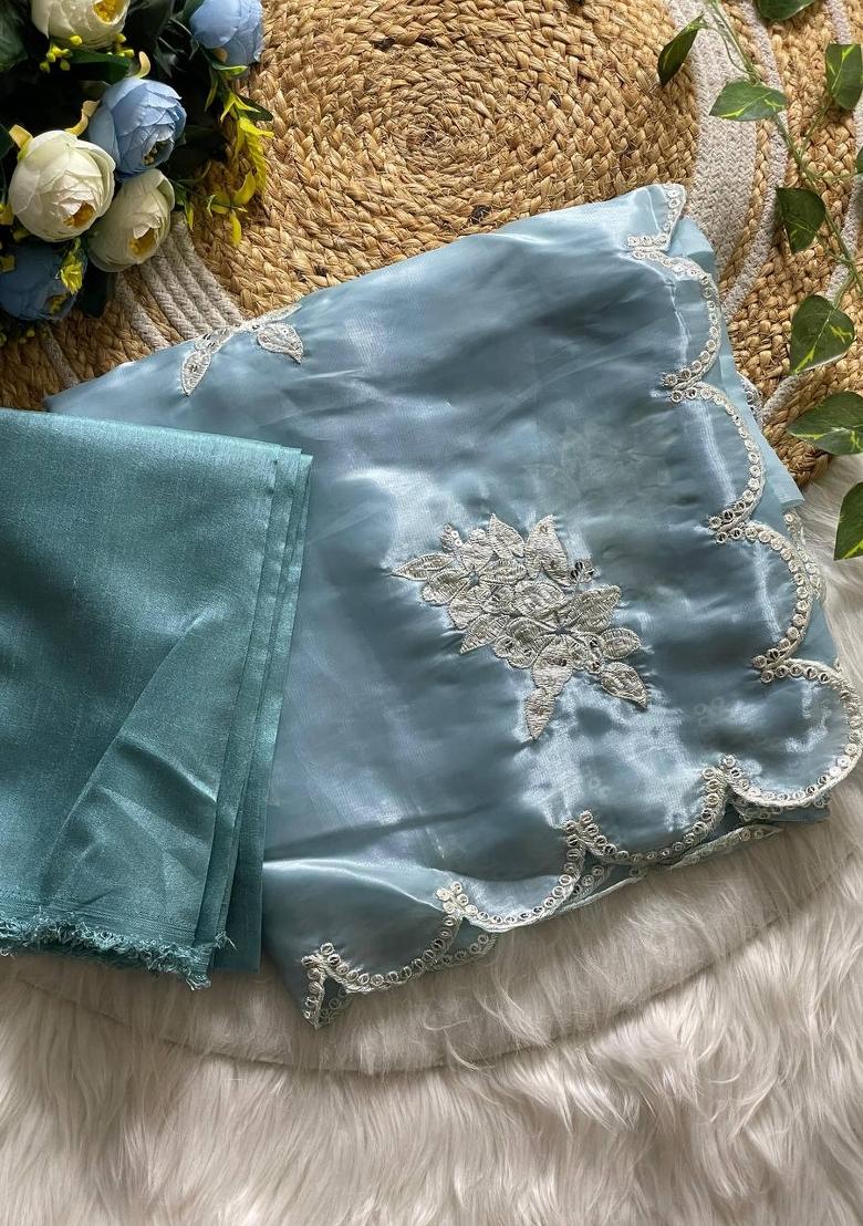Sky Blue Sequin Work Jimmy Choo Saree Set - Indya