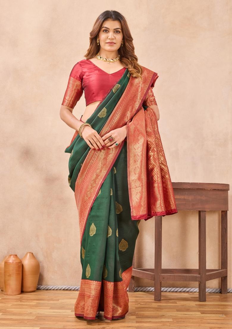Green Printed Pashmina Saree Set - Indya