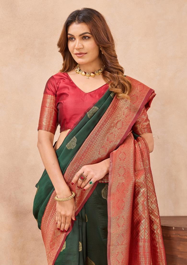 Green Printed Pashmina Saree Set - Indya