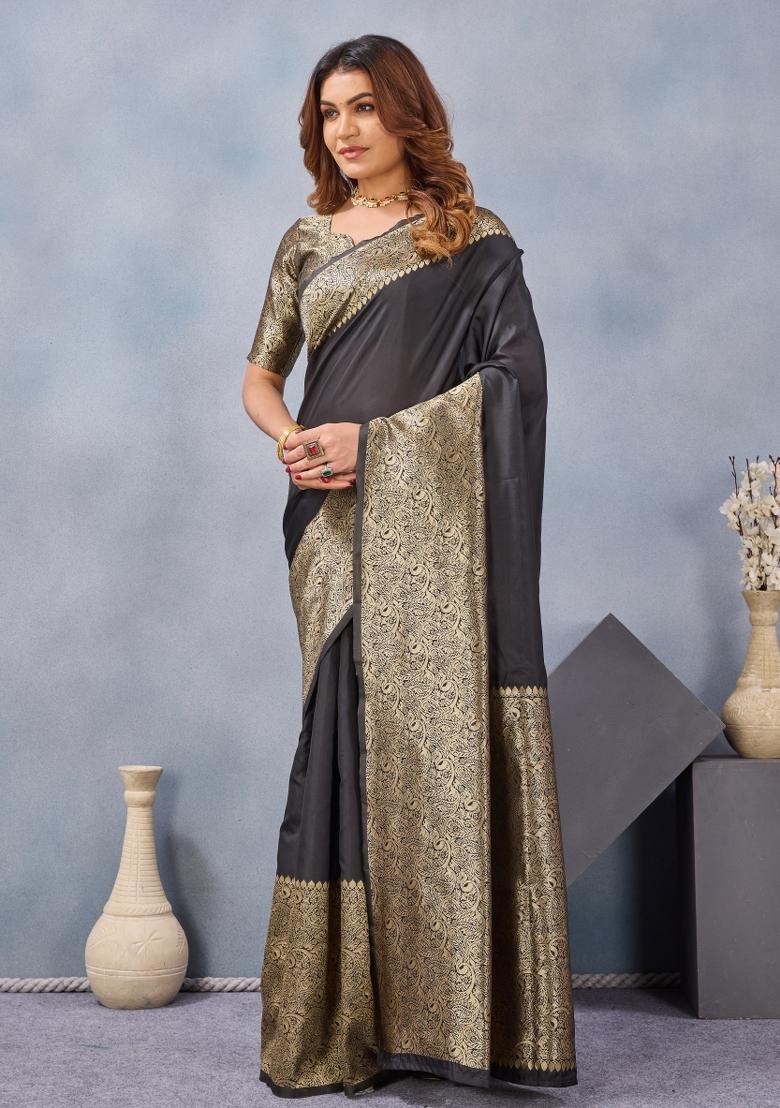 Black Printed Pashmina Saree Set - Indya