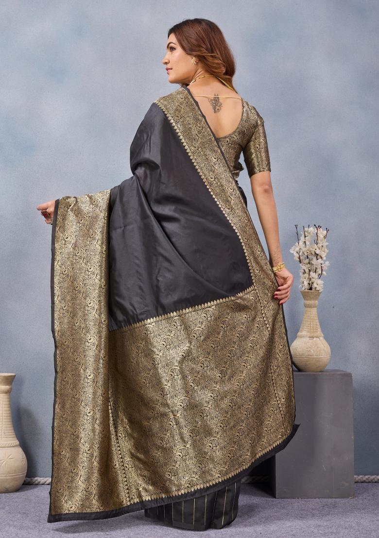 Black Printed Pashmina Saree Set - Indya