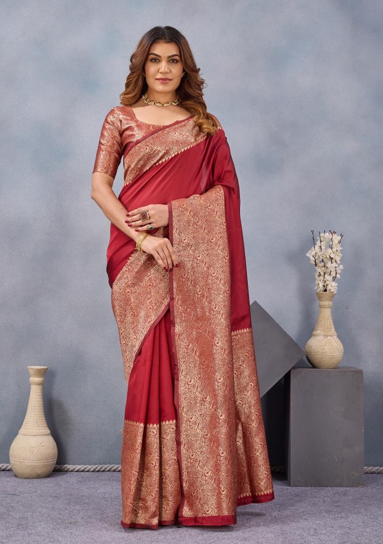 Maroon Printed Pashmina Saree Set - Indya