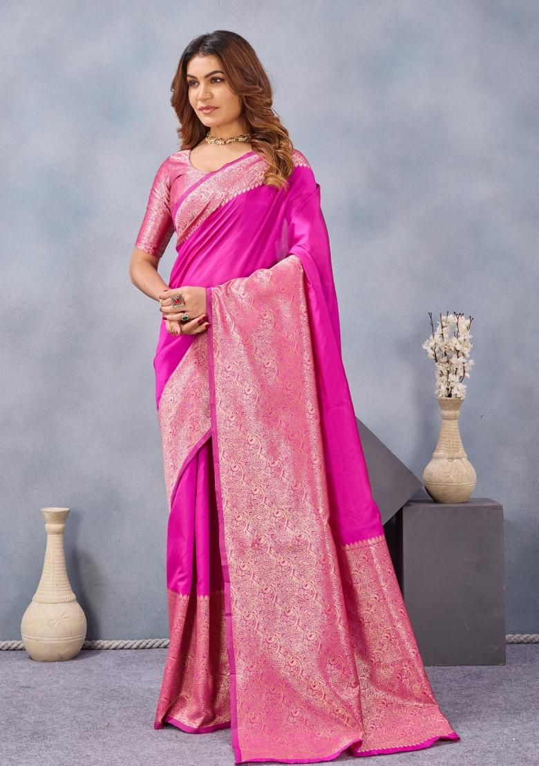 Pink Printed Pashmina Saree Set - Indya