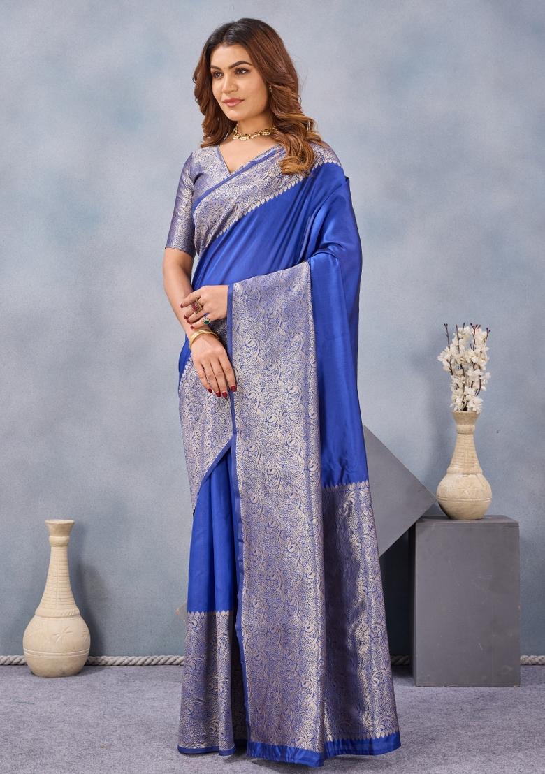 Royal Blue Printed Pashmina Saree Set - Indya