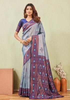 Rama Blue Printed Pashmina Saree Set