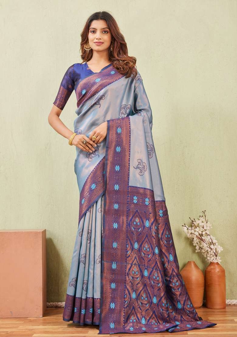 Rama Blue Pashmina Saree Set with Printed for Diwali | Wedding & Festive Wear - Indya