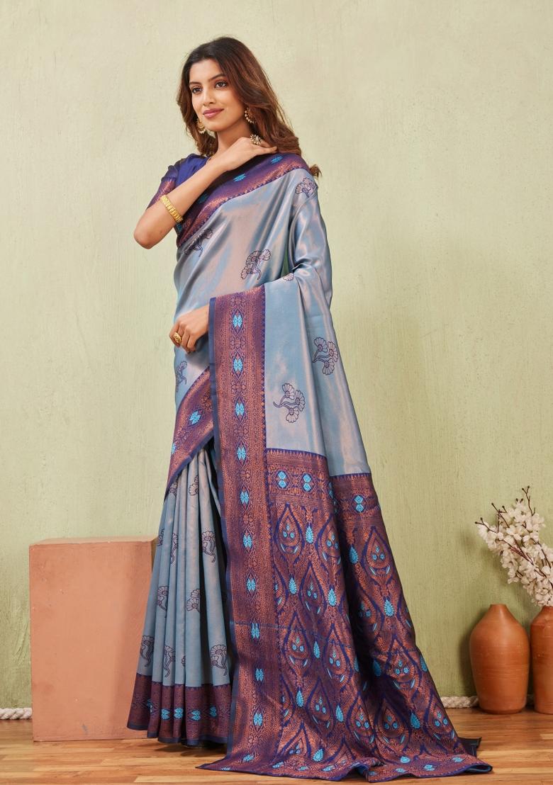 Rama Blue Printed Pashmina Saree Set - Indya