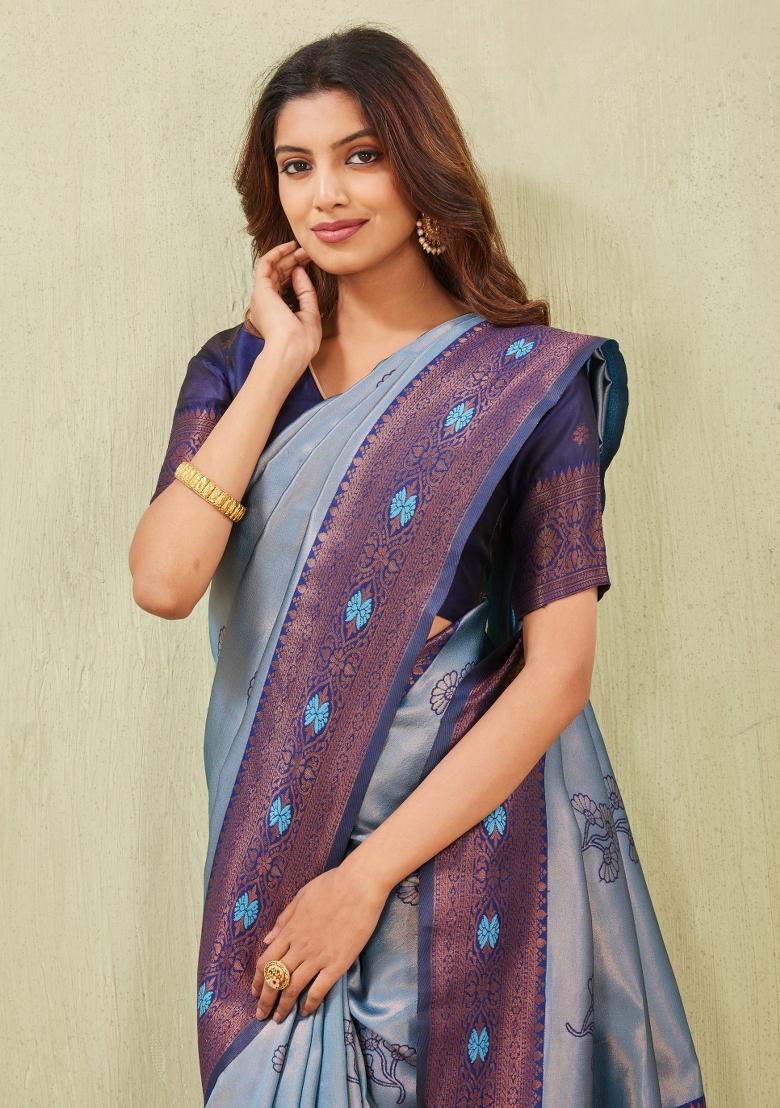 Rama Blue Printed Pashmina Saree Set - Indya