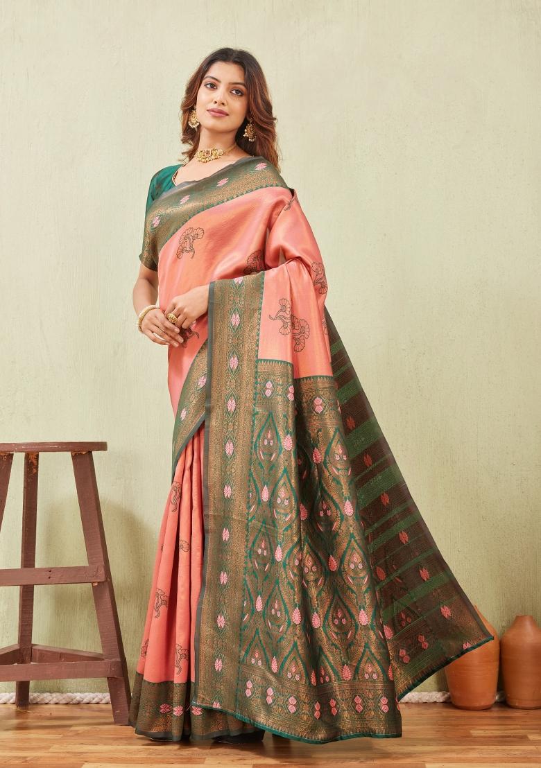 Green And Gajari Printed Pashmina Saree Set - Indya