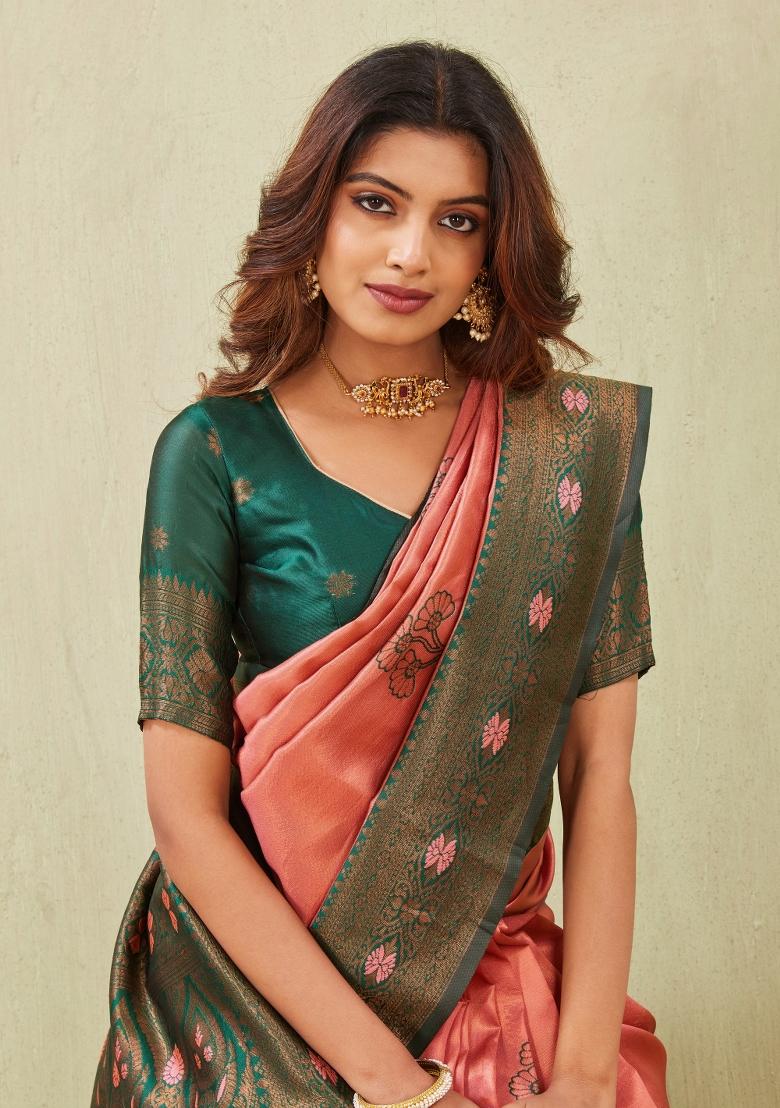 Green And Gajari Printed Pashmina Saree Set - Indya