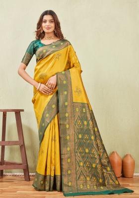Green And Golden Printed Pashmina Saree Set