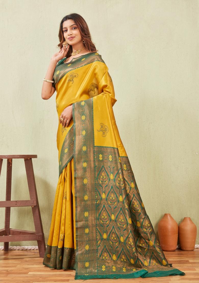 Green And Golden Printed Pashmina Saree Set - Indya