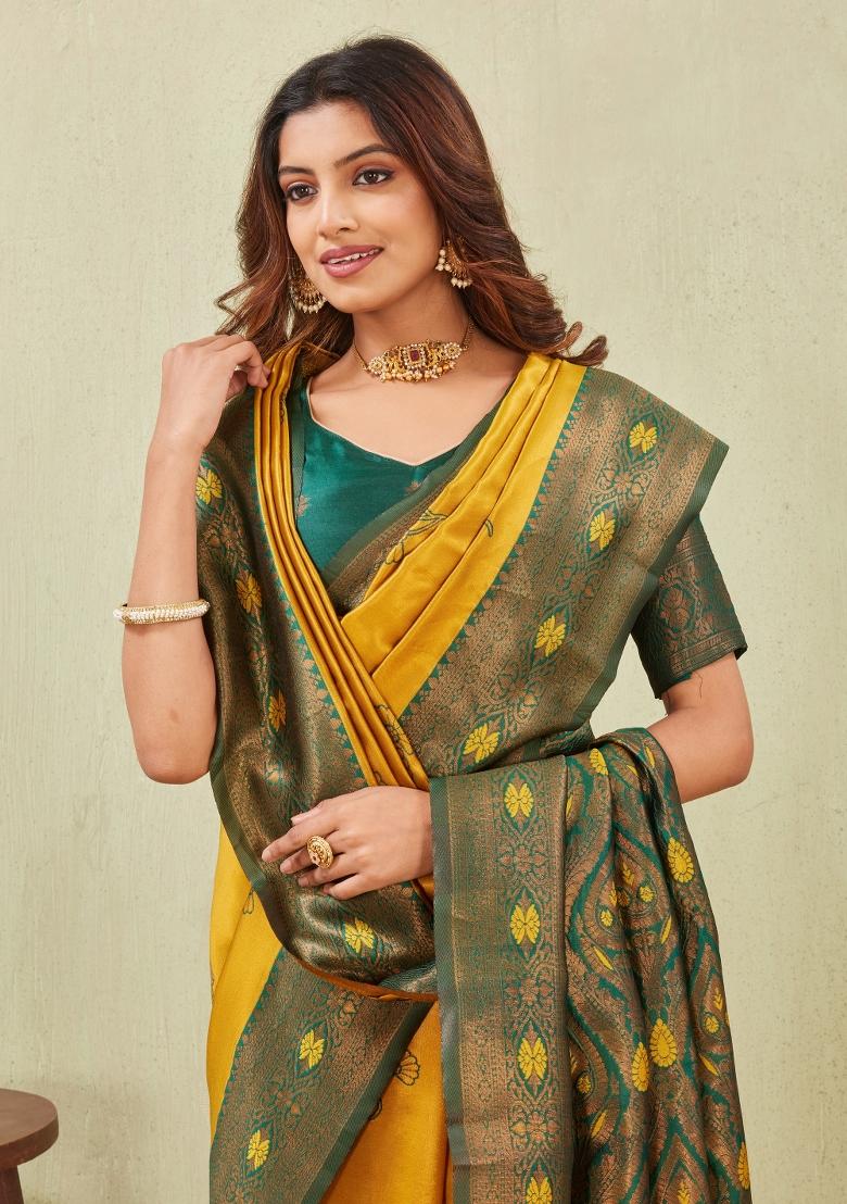 Green And Golden Printed Pashmina Saree Set - Indya