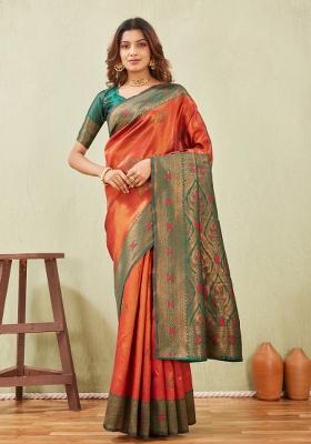 Green And Orange Printed Pashmina Saree Set