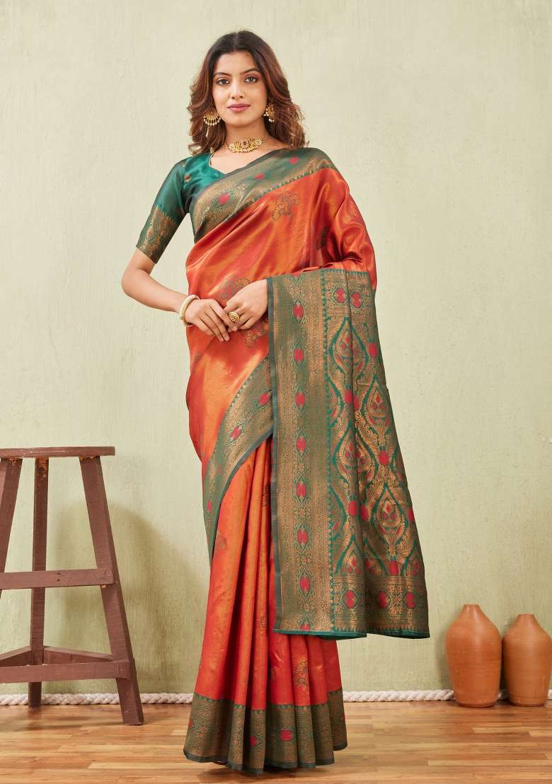 Green And Orange Pashmina Saree Set with Printed for Diwali | Wedding & Festive Wear - Indya