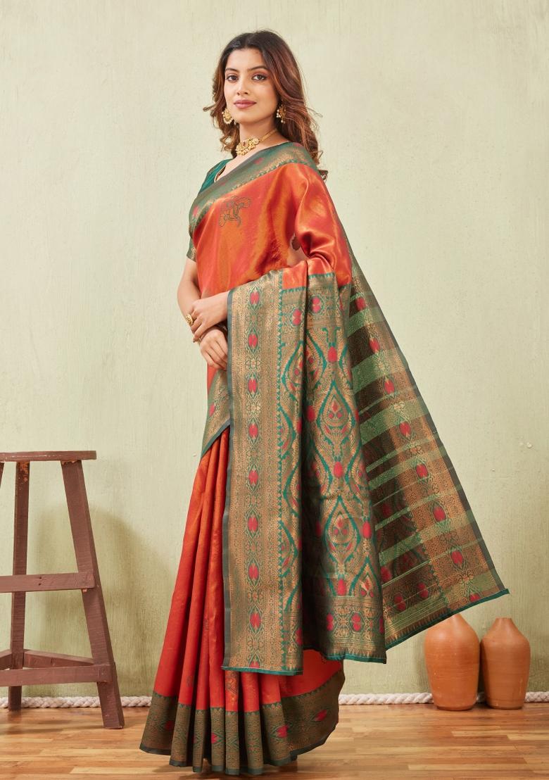 Green And Orange Printed Pashmina Saree Set - Indya