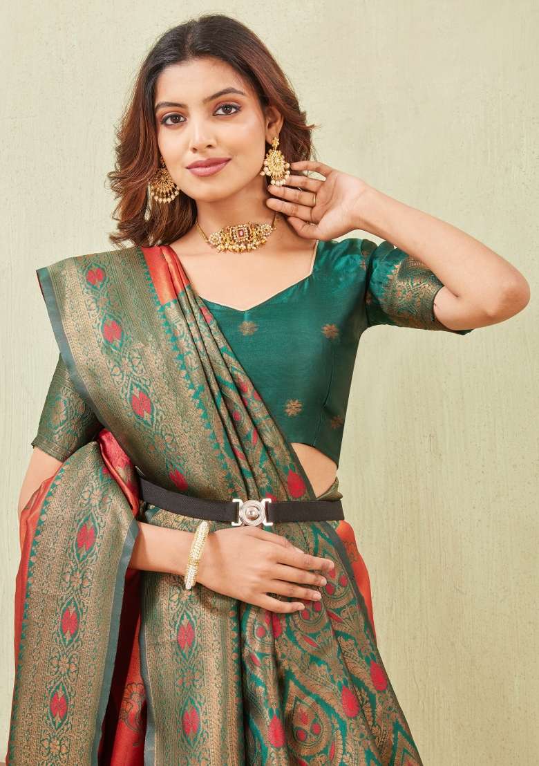 Green And Orange Pashmina Saree Set with Printed for Diwali | Wedding & Festive Wear - Indya
