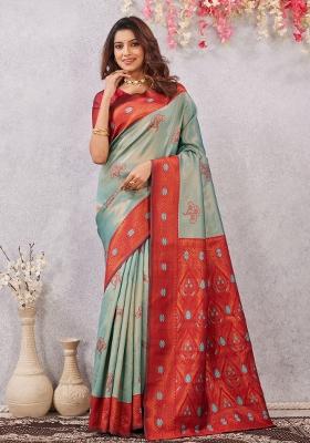 Rama And Red Printed Pashmina Saree Set