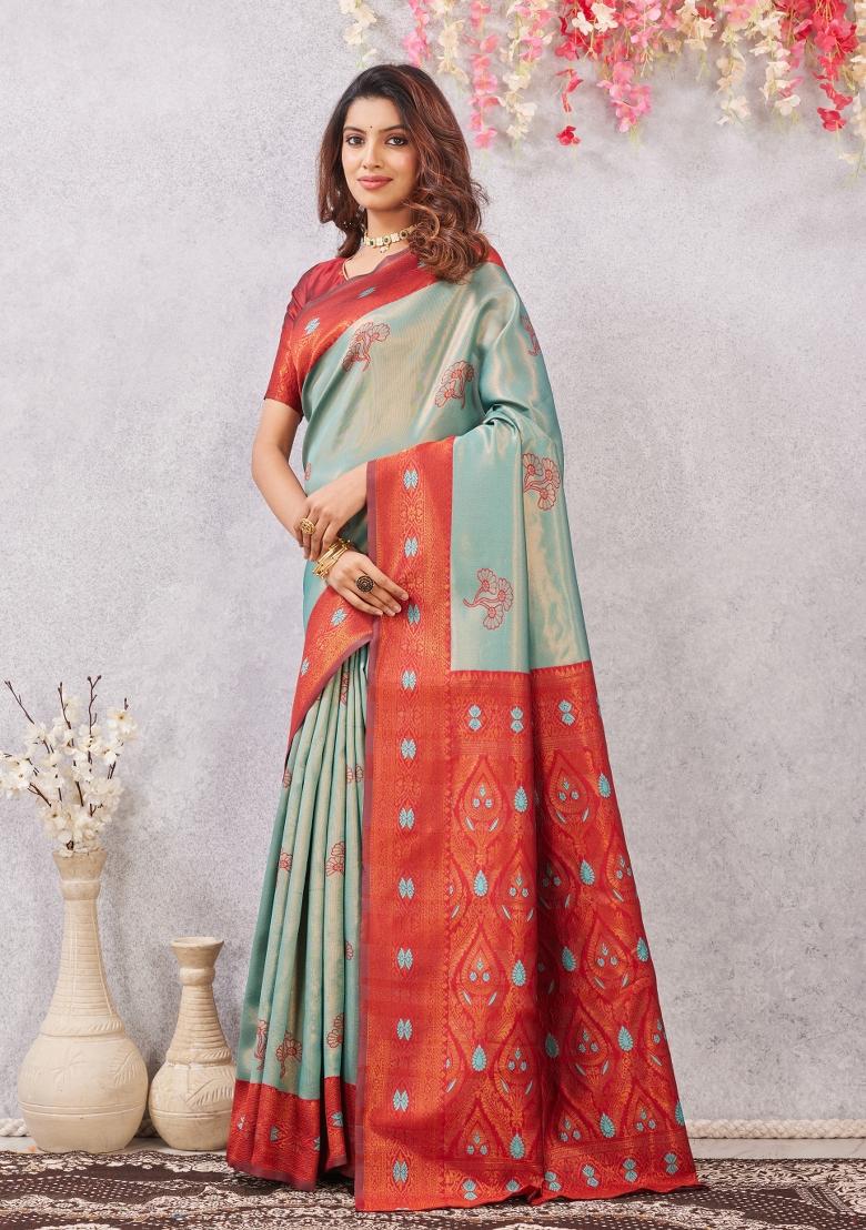 Rama And Red Printed Pashmina Saree Set - Indya