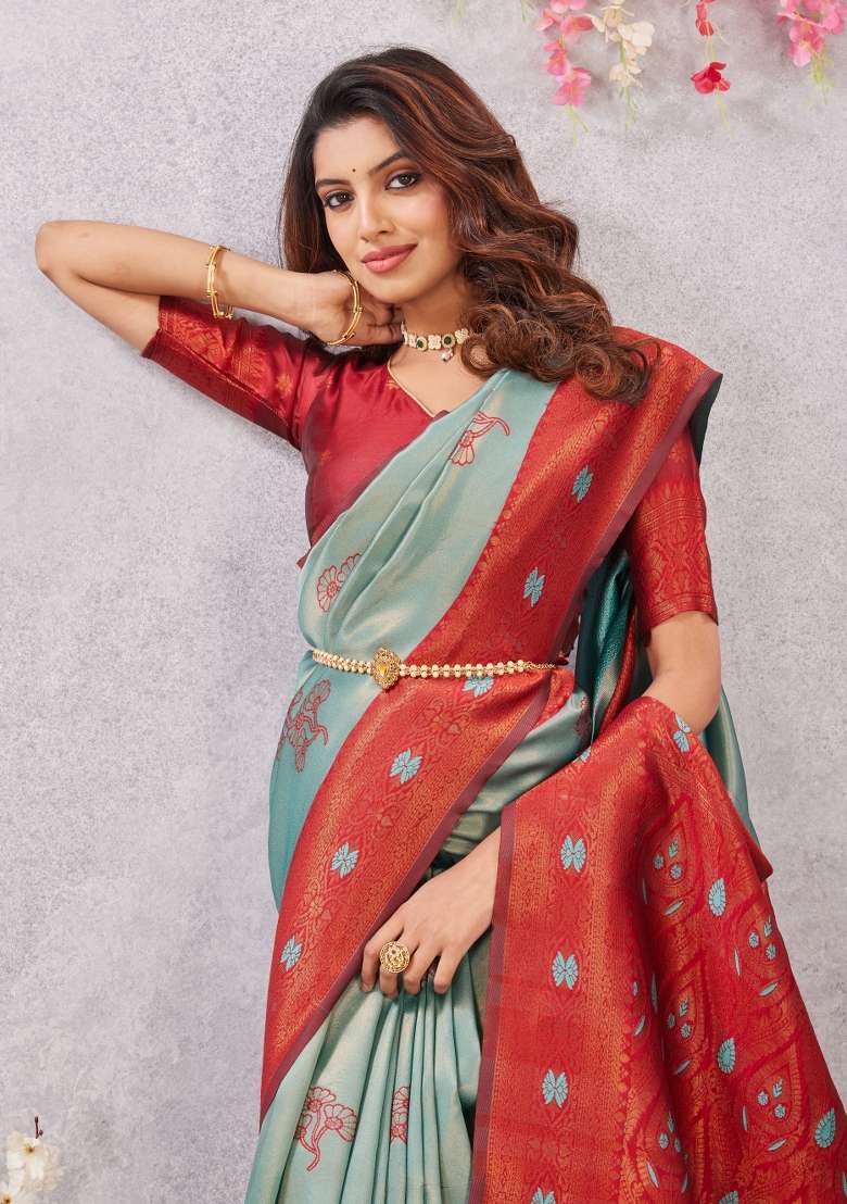 Rama And Red Printed Pashmina Saree Set for Diwali and Festive Wear - Indya