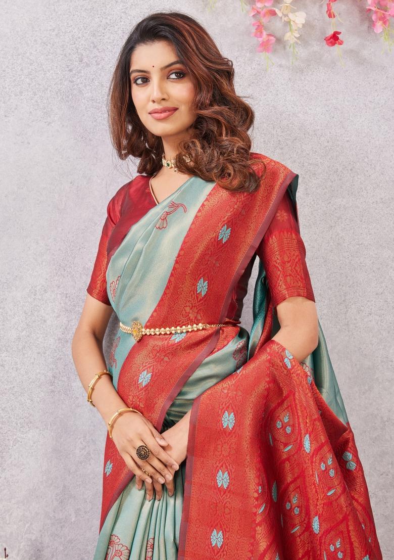 Rama And Red Printed Pashmina Saree Set - Indya