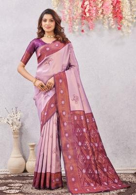 Wine And Purple Printed Pashmina Saree Set