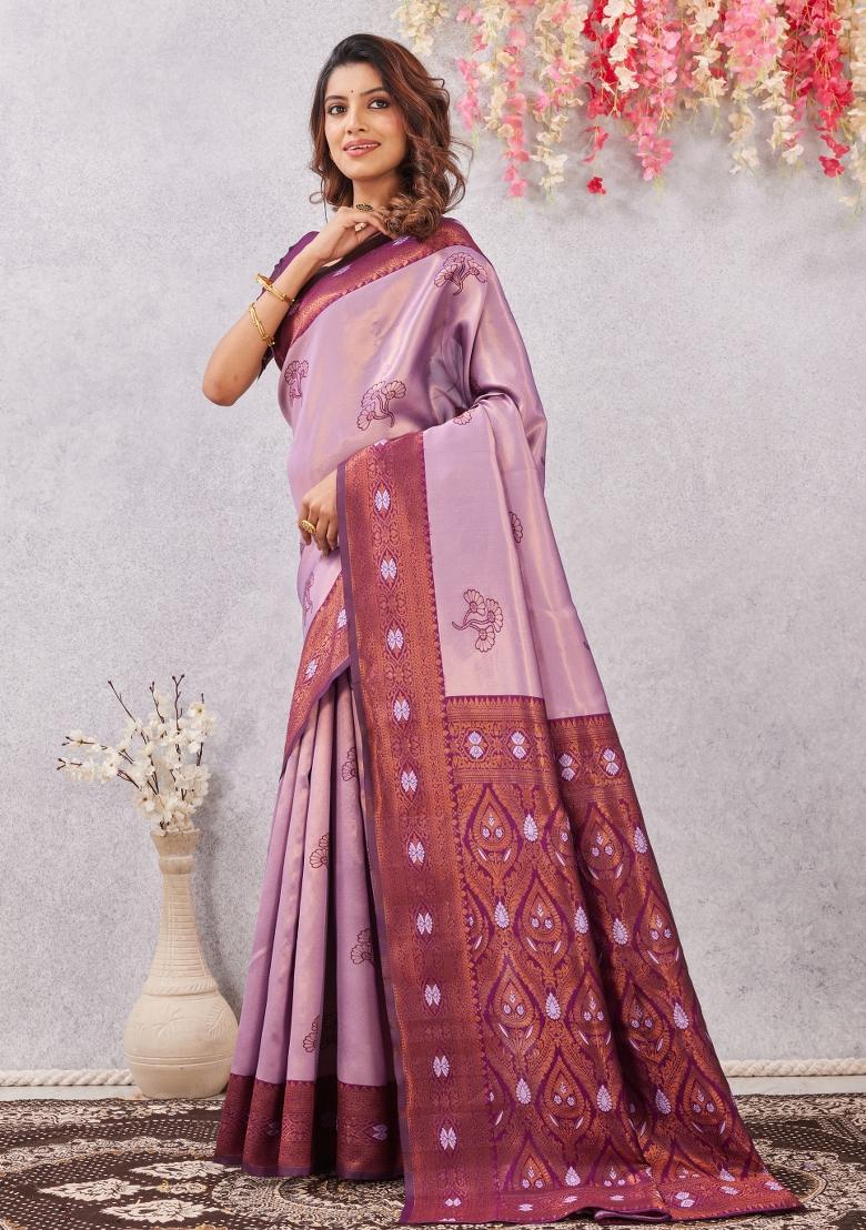 Wine And Purple Printed Pashmina Saree Set - Indya