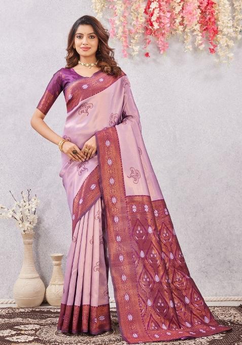 Wine And Purple Printed Pashmina Saree Set