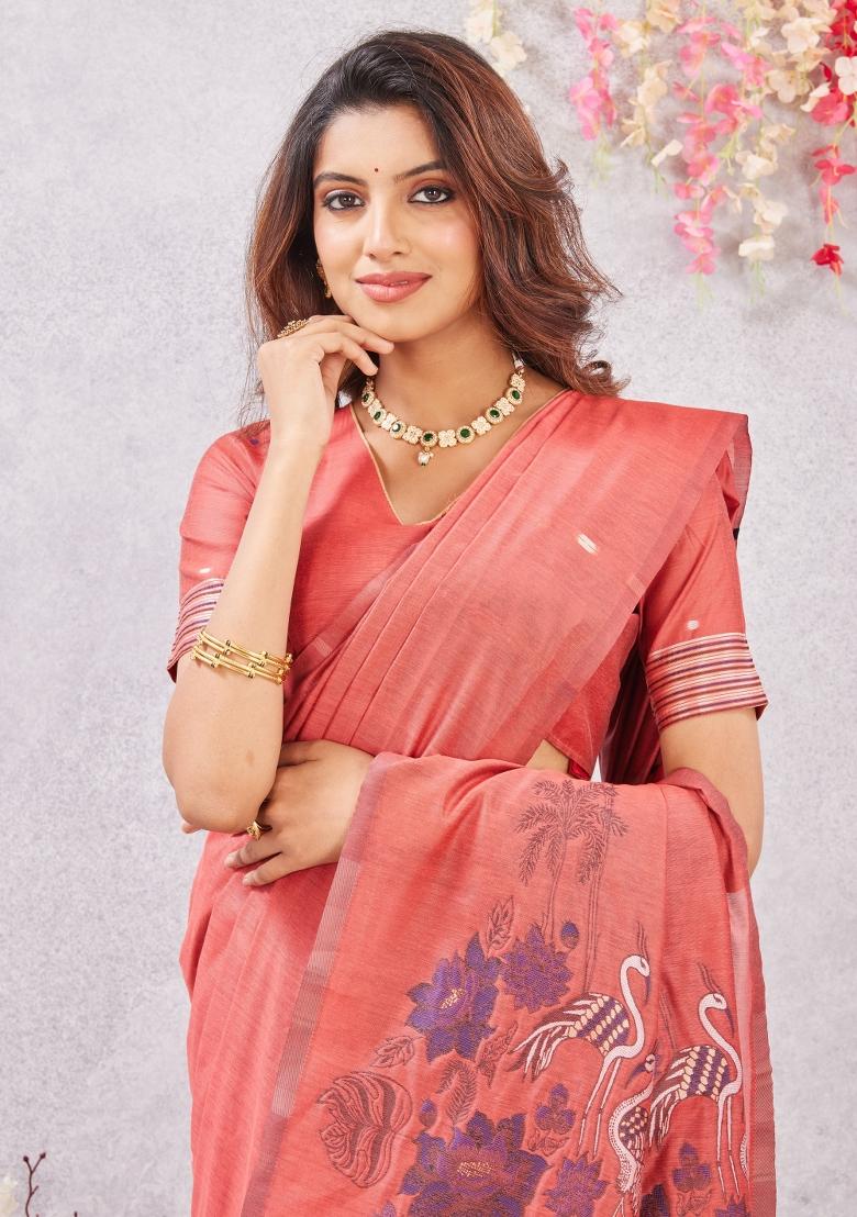 Pink Printed Pashmina Saree Set - Indya