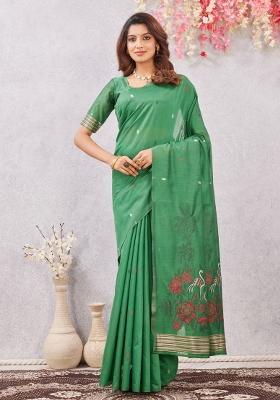 Green Printed Pashmina Saree Set