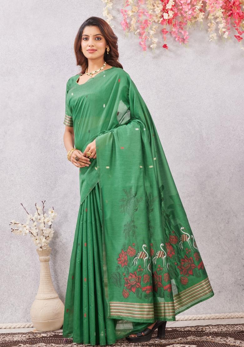 Green Printed Pashmina Saree Set - Indya