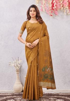 Mustard Printed Pashmina Saree Set