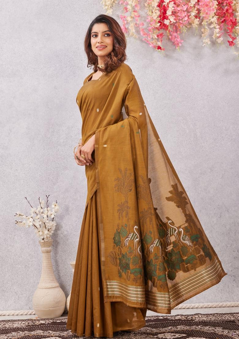 Mustard Printed Pashmina Saree Set - Indya