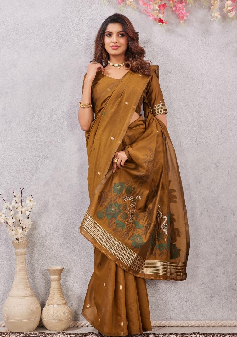 Mustard Printed Pashmina Saree Set - Indya