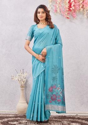 Rama Printed Pashmina Saree Set