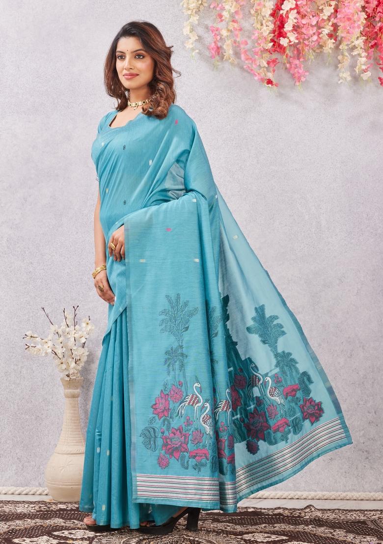 Rama Printed Pashmina Saree Set - Indya