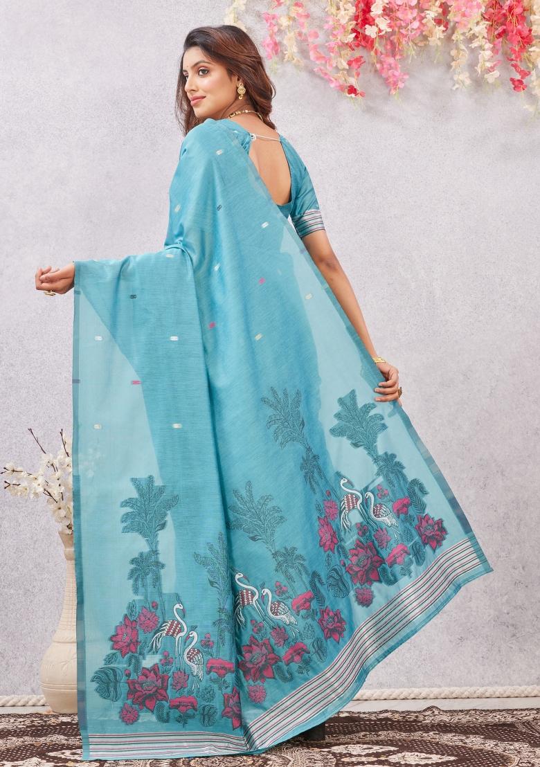 Rama Printed Pashmina Saree Set - Indya