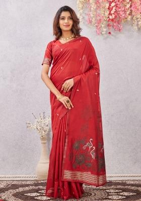 Red Printed Pashmina Saree Set