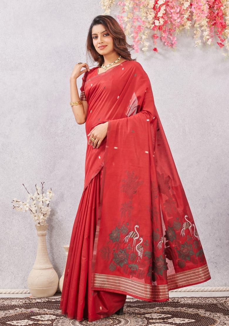 Red Printed Pashmina Saree Set - Indya