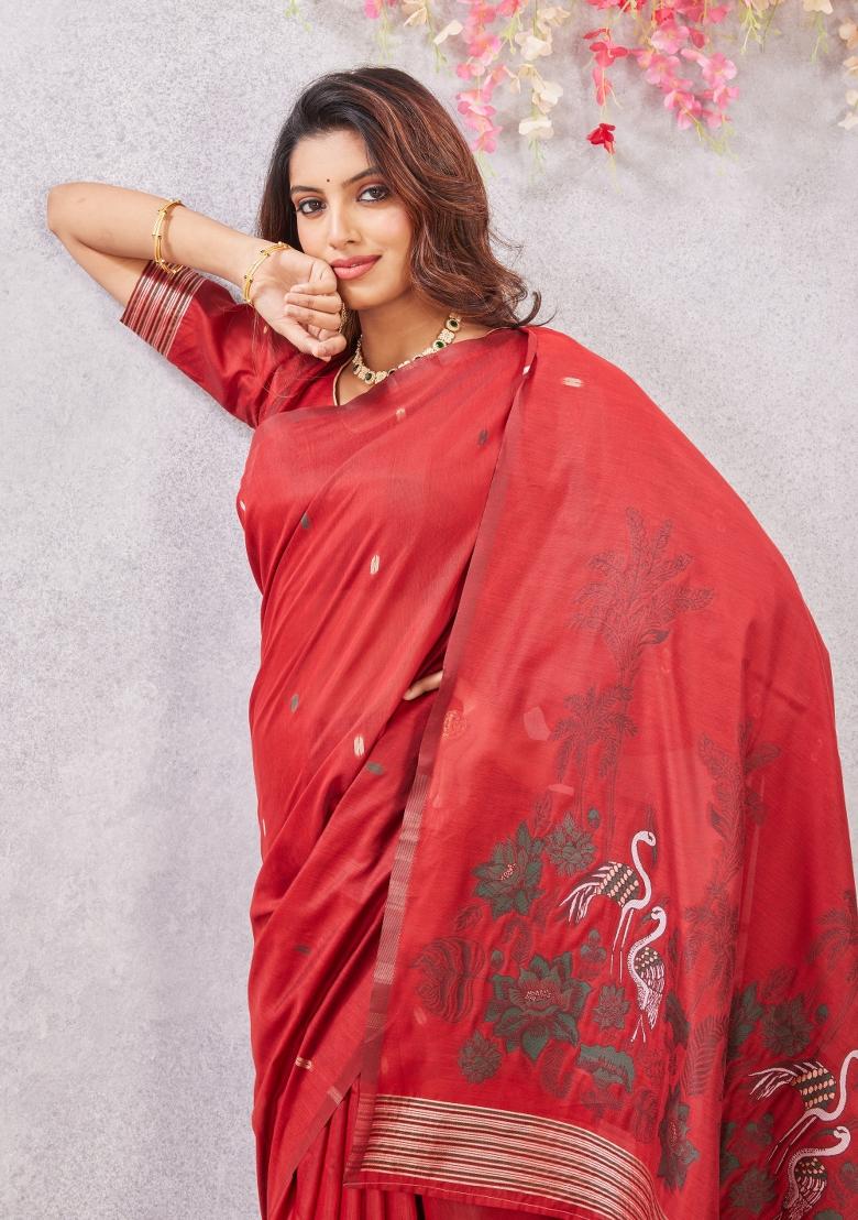 Red Printed Pashmina Saree Set - Indya