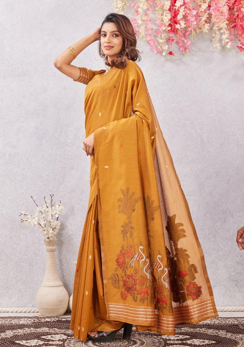 Rust Printed Pashmina Saree Set - Indya