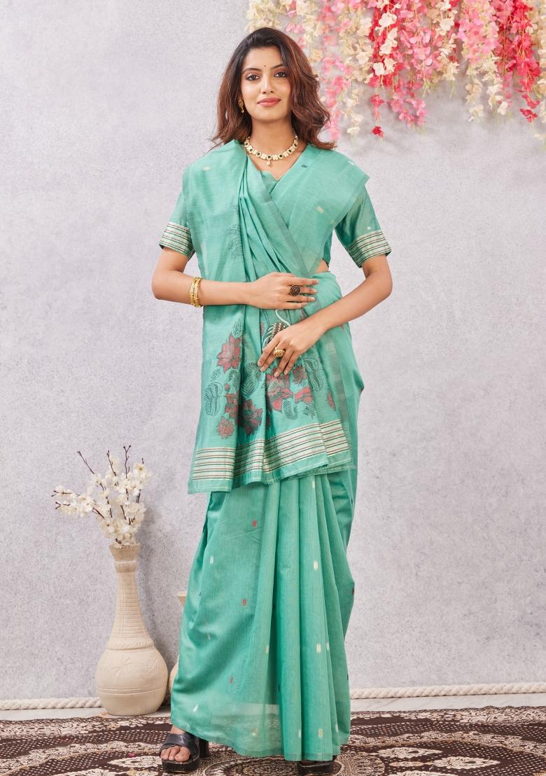 Sea Green Printed Pashmina Saree Set - Indya