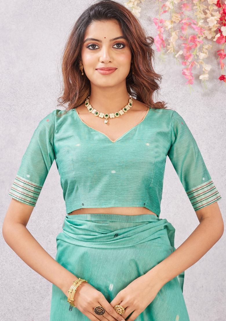 Sea Green Printed Pashmina Saree Set - Indya