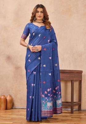 Blue Printed Pashmina Saree Set