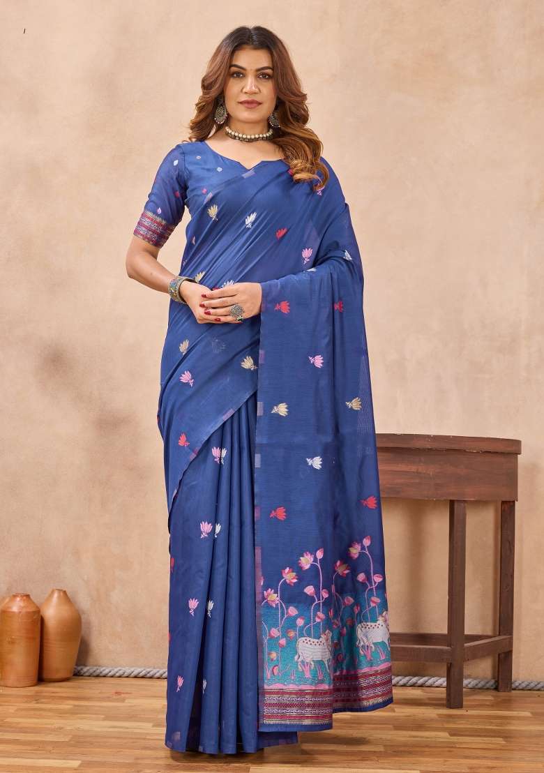 Blue Pashmina Saree Set with Printed for Diwali | Wedding & Festive Wear - Indya